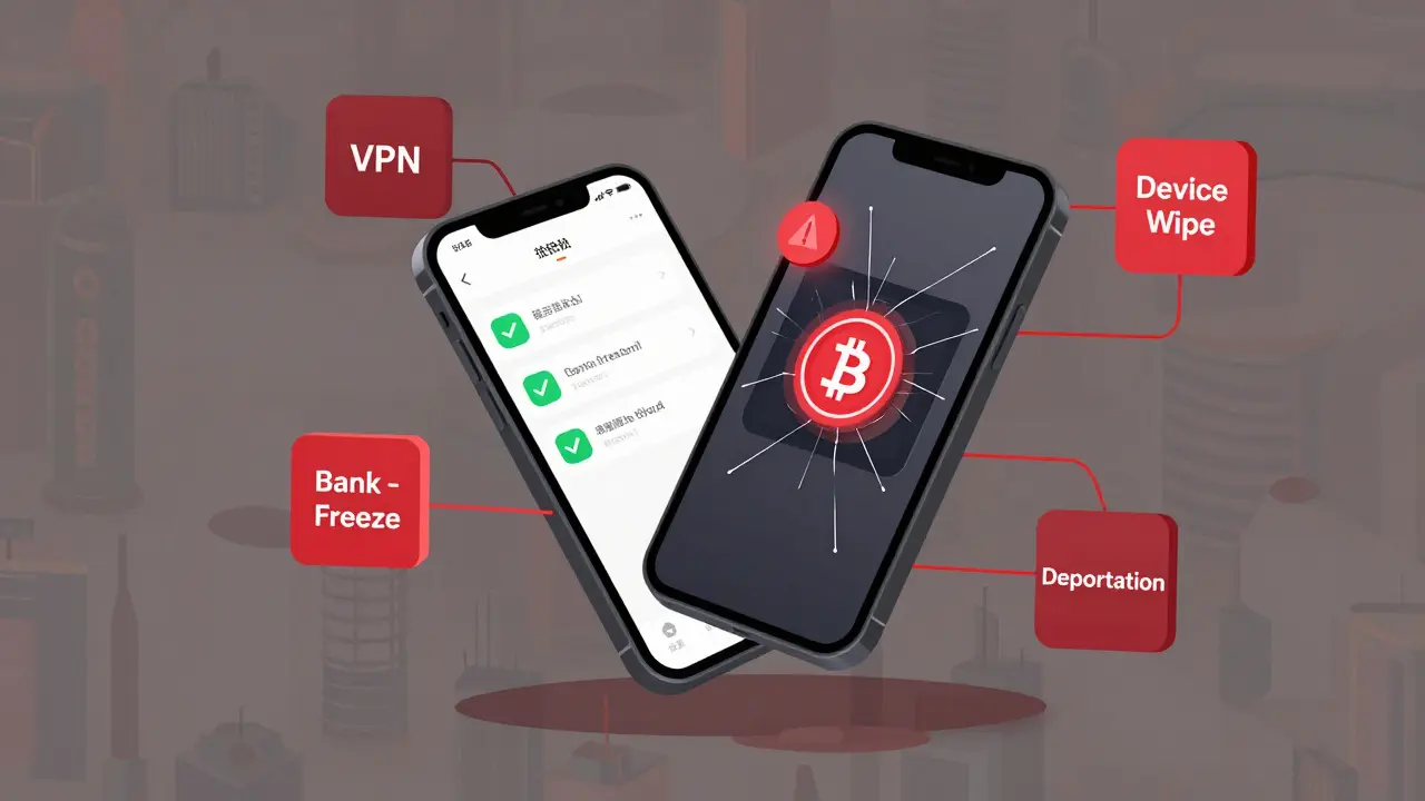 A smartphone split between digital yuan and crypto apps, surrounded by warning symbols like freeze and wipe in geometric illustration.