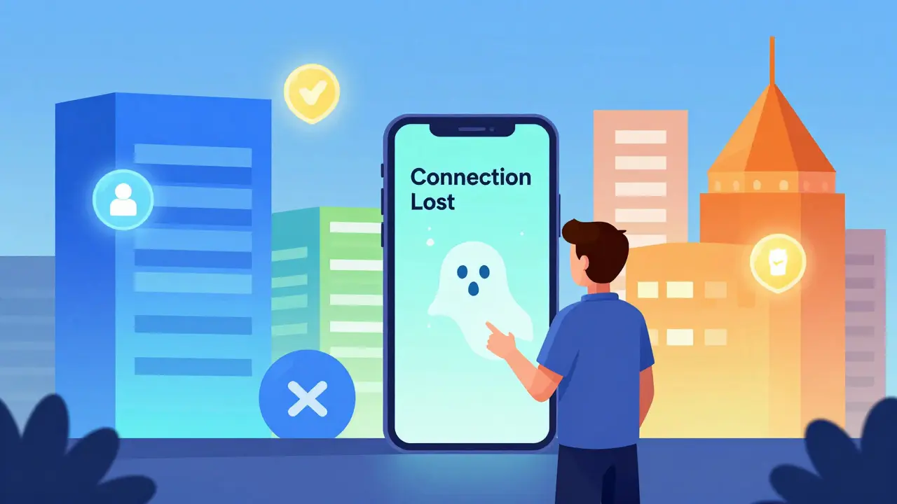 A trader facing a lost connection on phone, with trusted exchanges glowing in background.