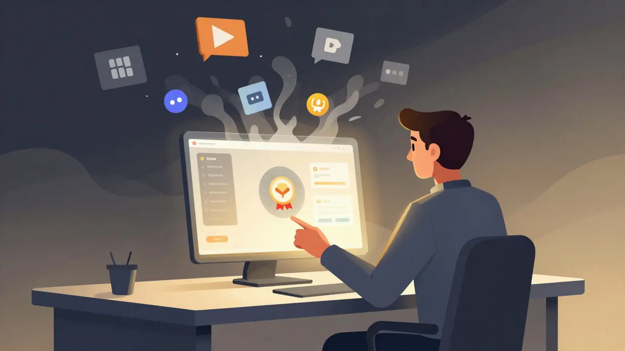 A user calmly engaging with a verified blockchain interface as fake scams dissolve into smoke behind them.