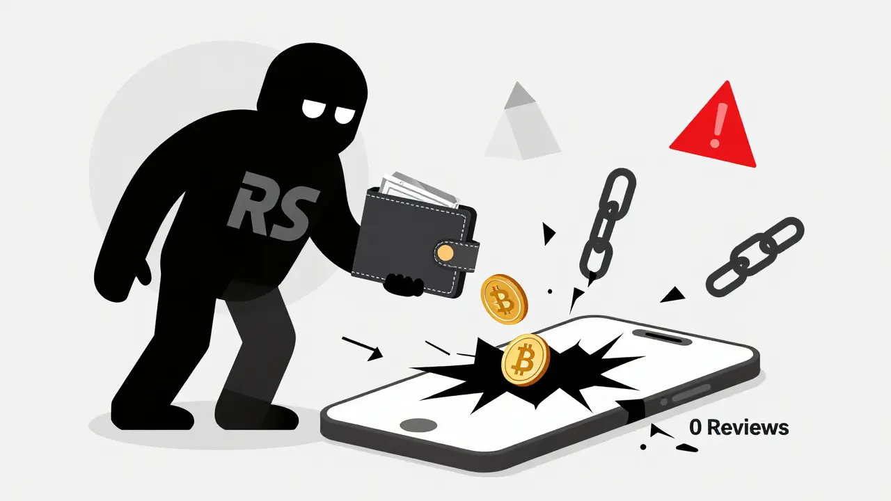A wallet being drained by a shadowy RS logo into a black hole labeled '0 Reviews' with warning signs.