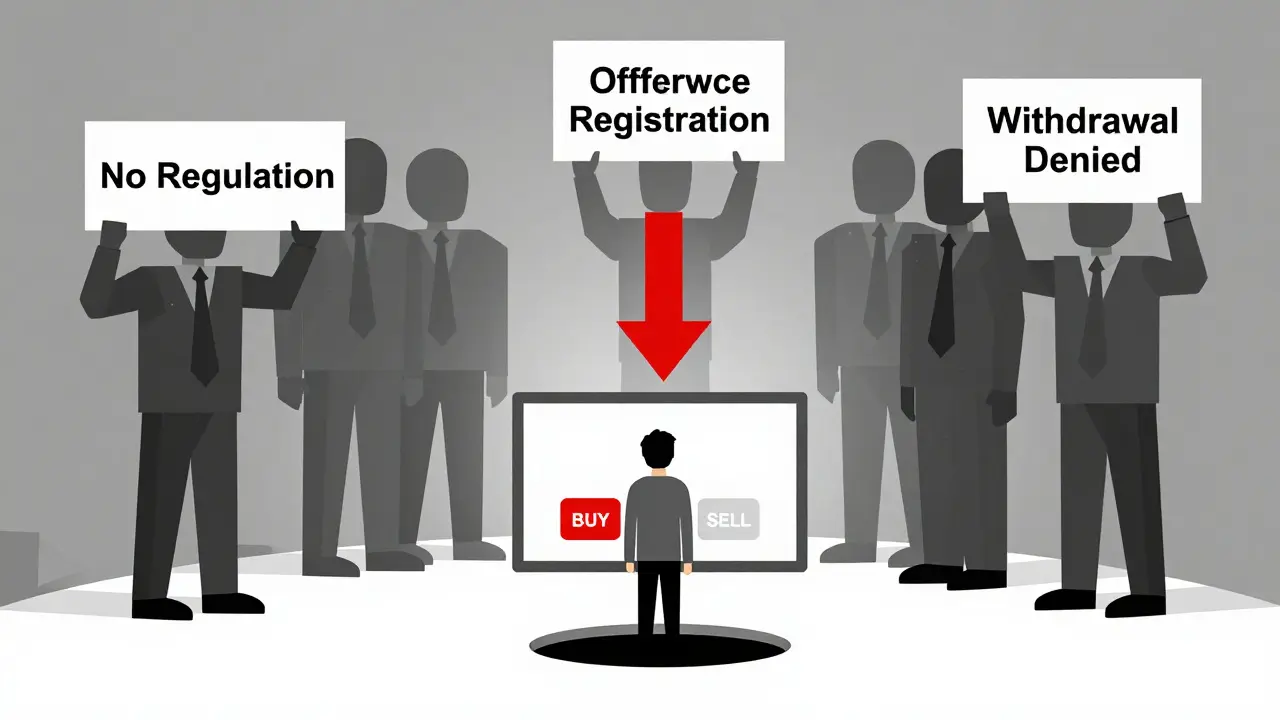 Beginner trader facing a simple button while shadowy figures block withdrawals