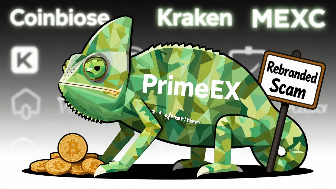 Chameleon creature with Prime4x and CommEX faces, camouflaged near legit exchanges, its tail wrapped around stolen Bitcoin.