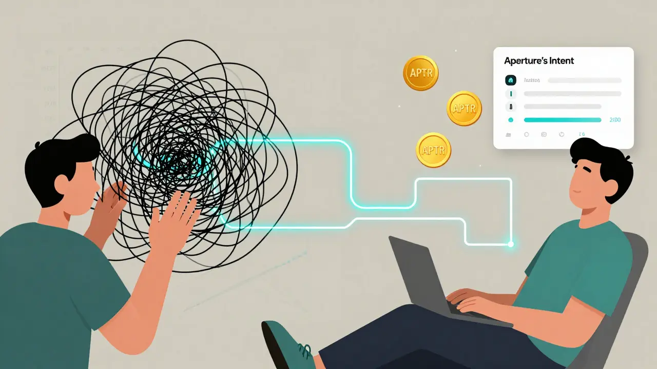 Contrasting chaotic DeFi management vs. Aperture's streamlined intent-based interface.