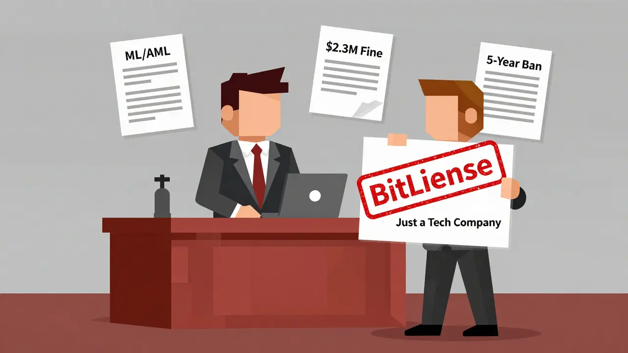 Courtroom scene with a crypto developer facing penalties as legal documents hover above a blockchain-themed bench.