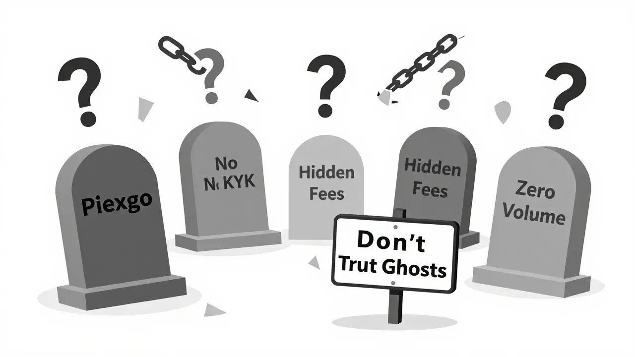 Graveyard of failed exchange traits with warning sign reading 'Don't Trust Ghosts'.