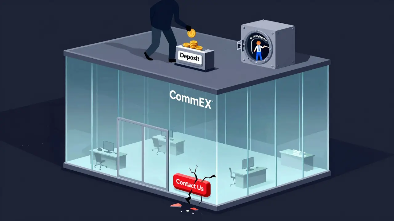 Hollow glass building labeled CommEX with no interior, a broken contact button, and a trapped user in a no-withdrawal vault.