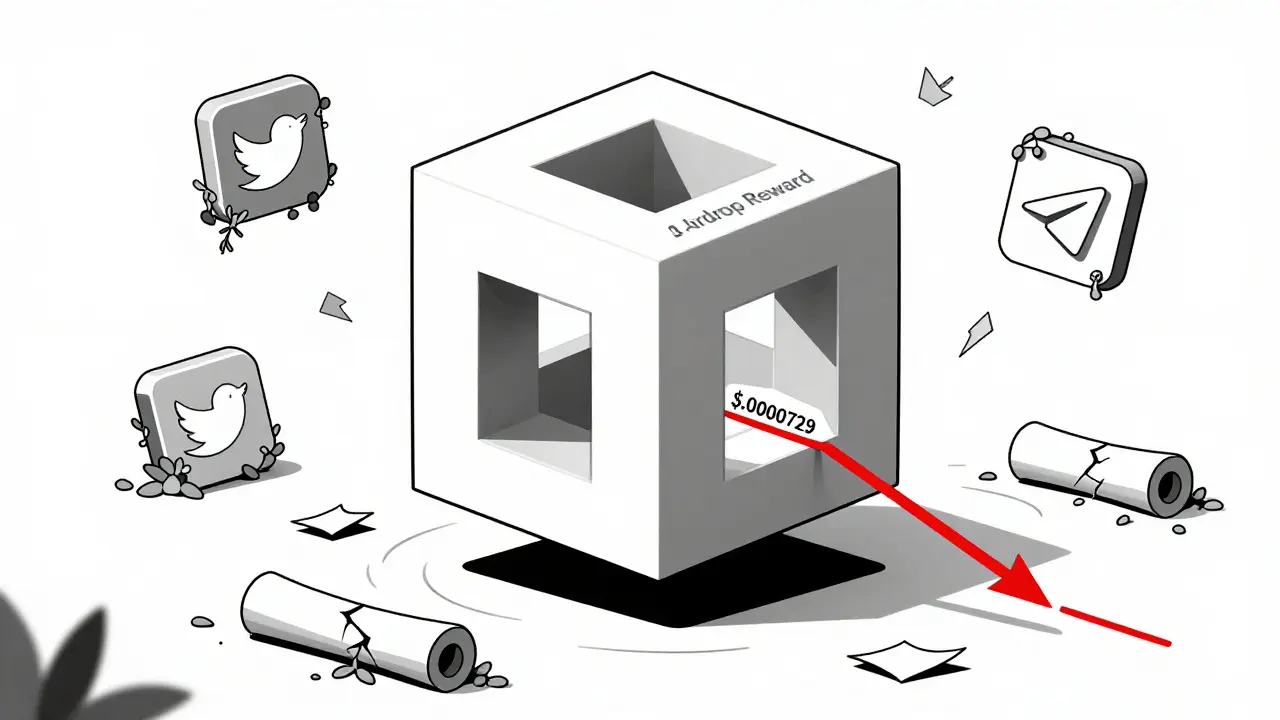 Huge hollow token supply cube with a tiny airdrop slice, surrounded by decaying social icons.