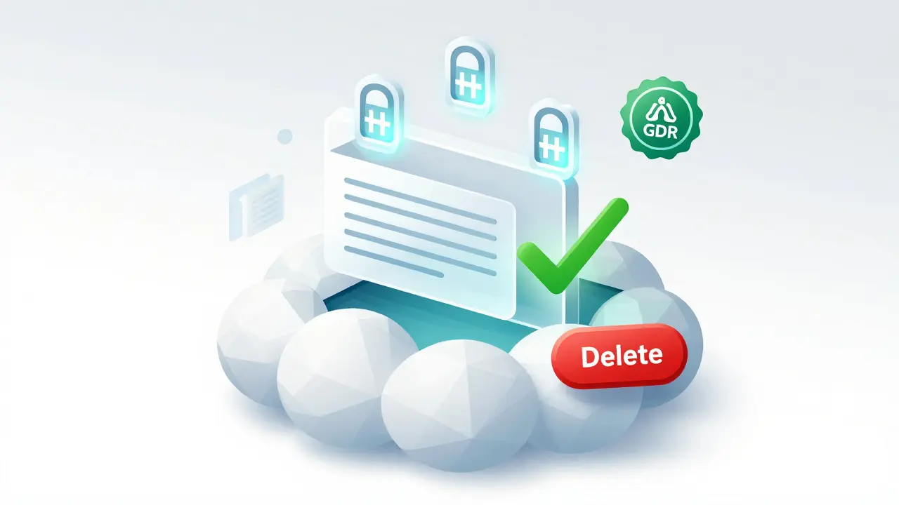 Hybrid blockchain with on-chain hashes and off-chain data being deleted under a GDPR badge.