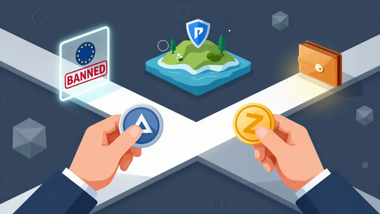 Person at crossroads with banned EU exchange on one side and non-EU crypto island on the other.