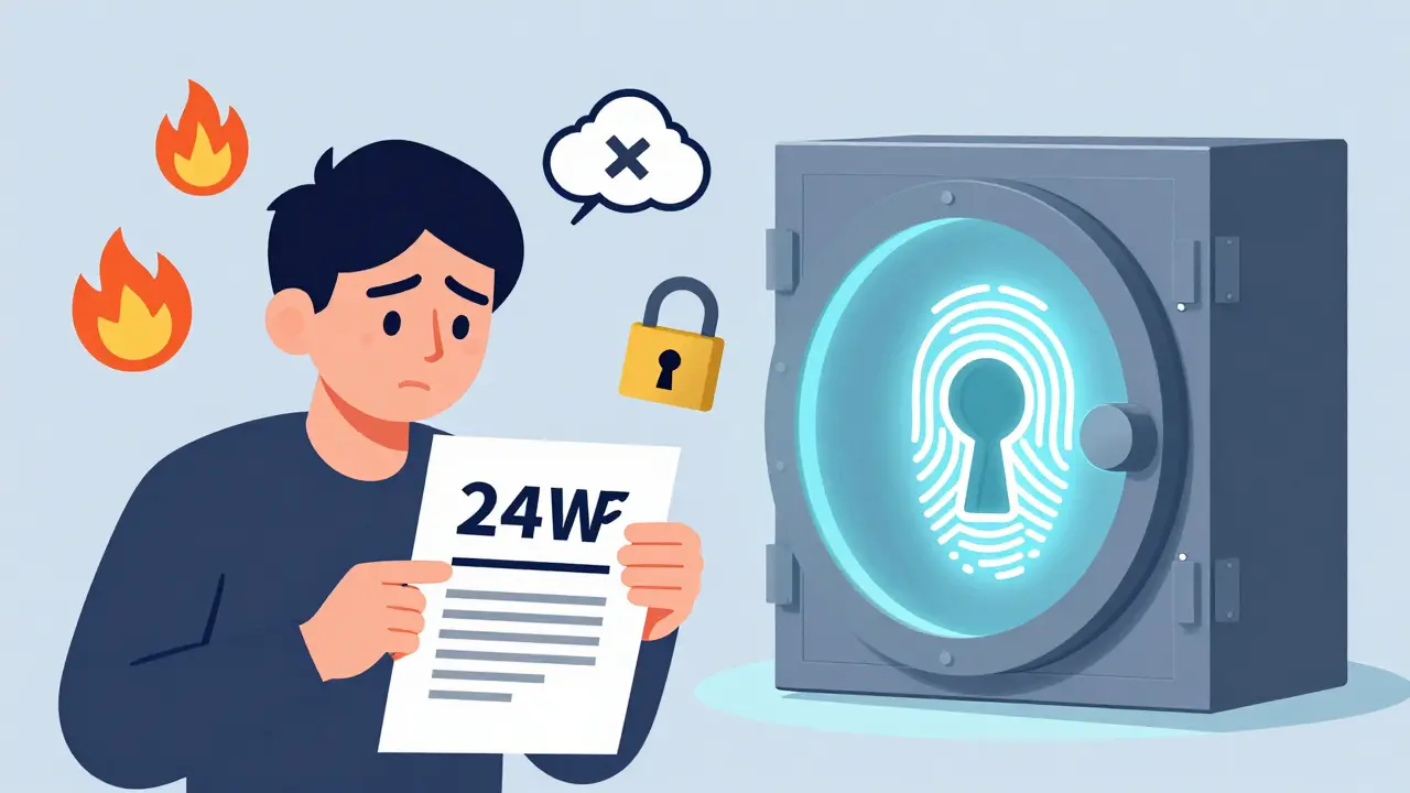 Person holding a recovery phrase with warning symbols nearby, while a secure biometric vault glows in the background.