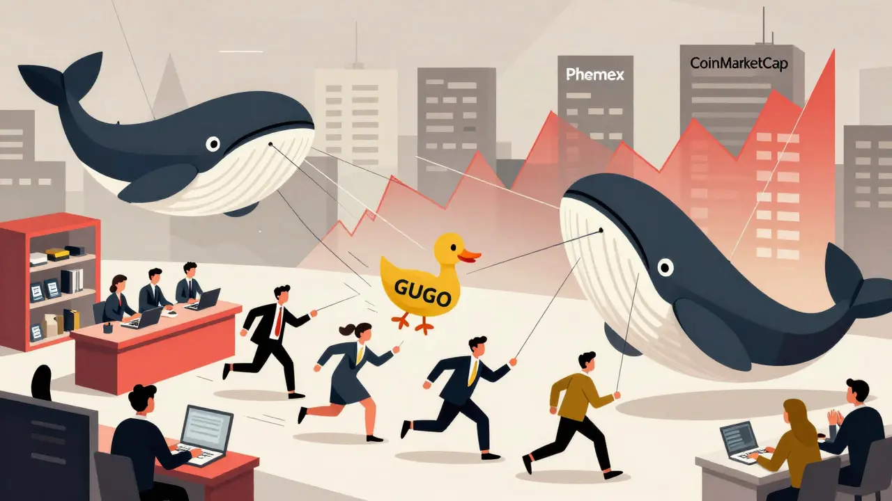 Retail traders chase a flying GUGO duck while whales manipulate price graphs in a chaotic trading scene.