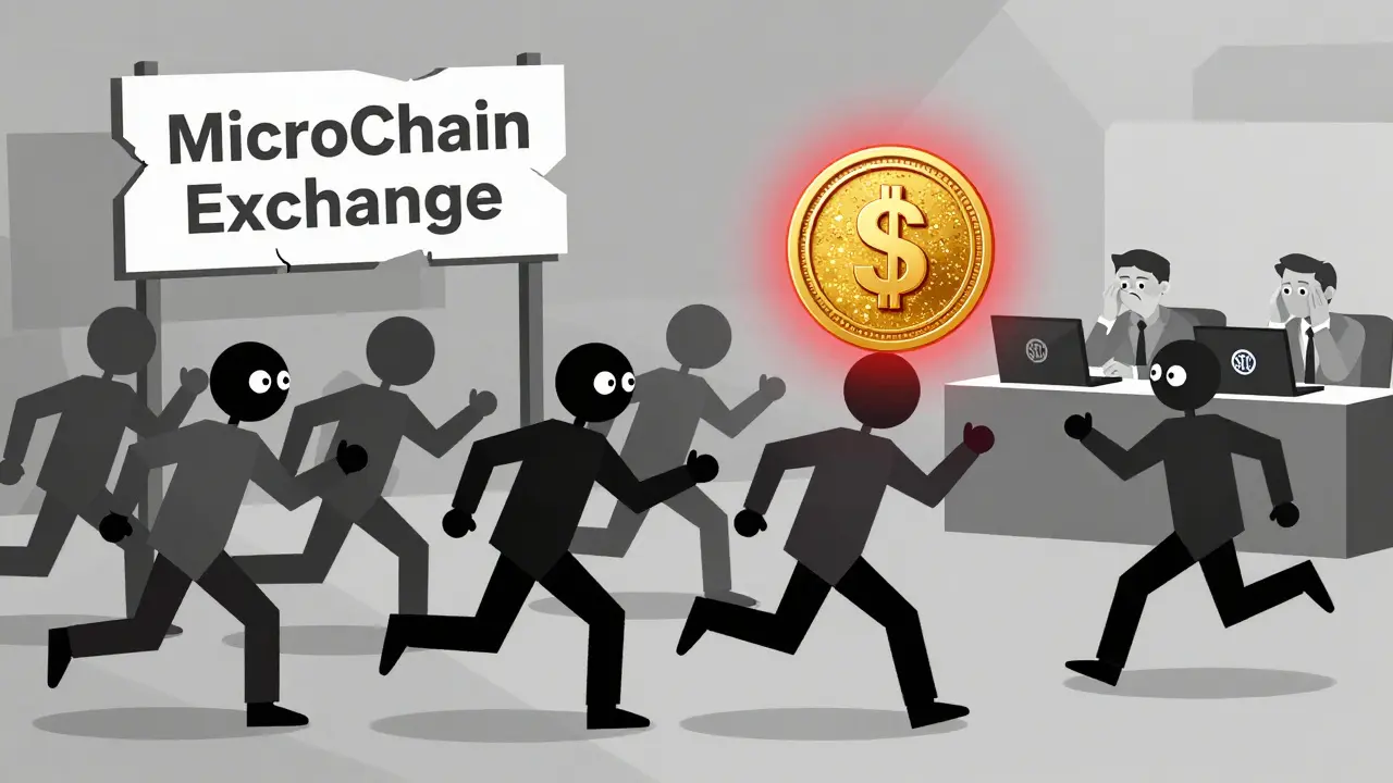 Speculators chasing a glittering MCG token while a fake exchange sign crumbles behind them.