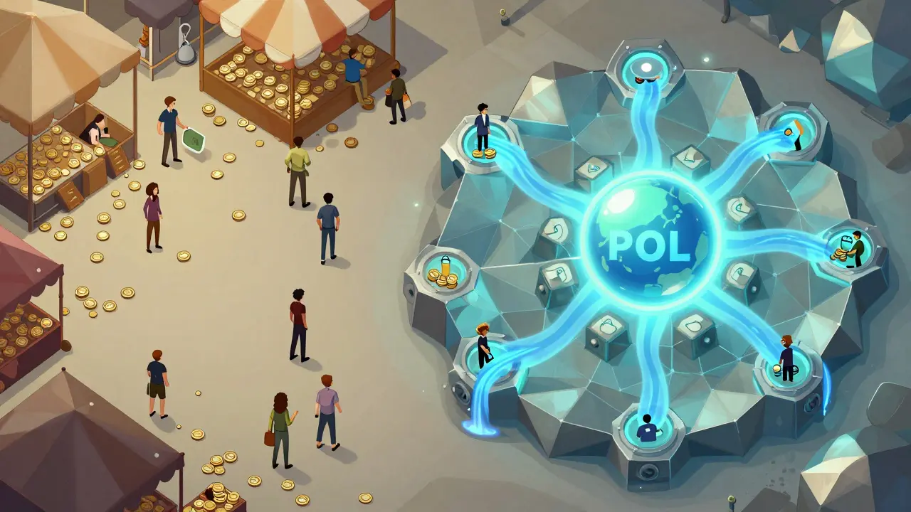 Split scene comparing chaotic open market to structured Velocore liquidity network