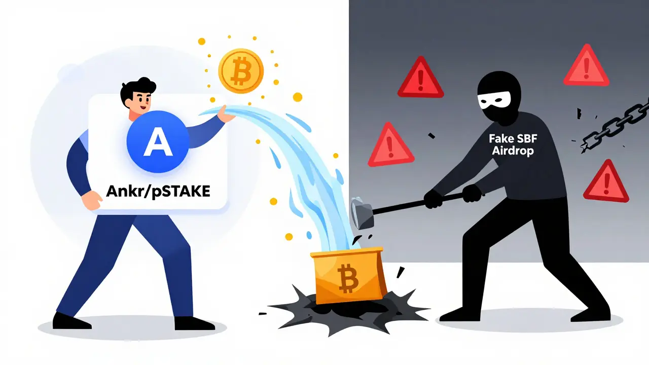 Split scene: one side shows safe staking with liquid tokens, the other shows a wallet being drained by a fake airdrop.