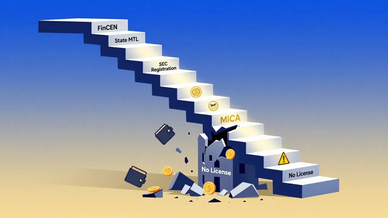 Startup climbing a compliance staircase while an unlicensed tower crumbles below in geometric illustration style.