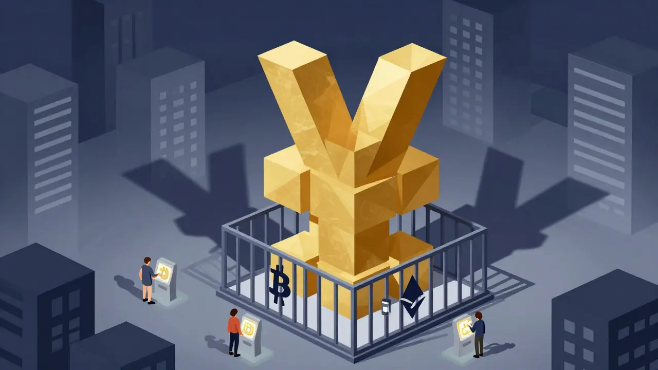 Towering digital yuan monument overshadowing locked Bitcoin and Ethereum icons in a cityscape.