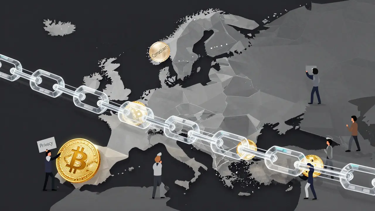 Transparent Bitcoin blockchain vs. fragmented privacy coins pushed to the edge of Europe.