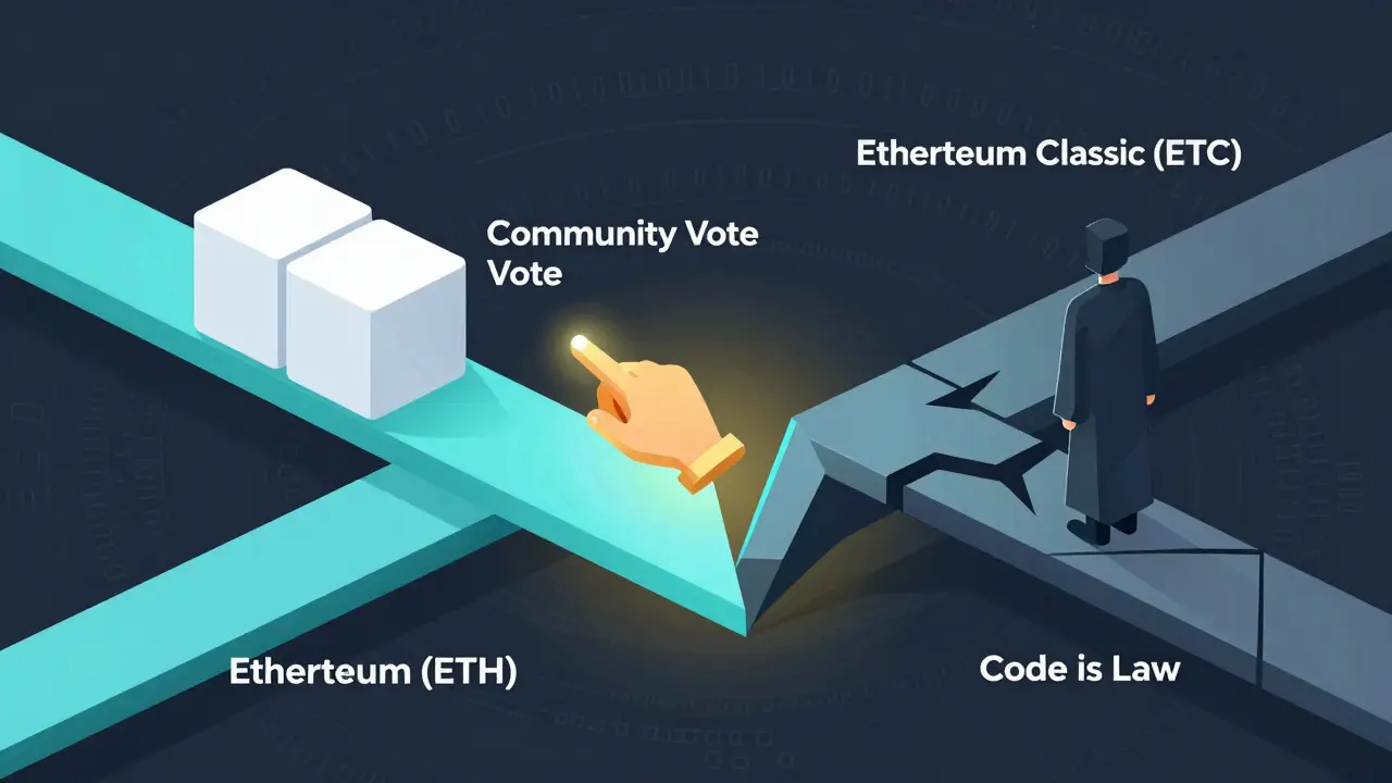 Two diverging blockchain paths: Ethereum (ETH) and Ethereum Classic (ETC) after a community fork.