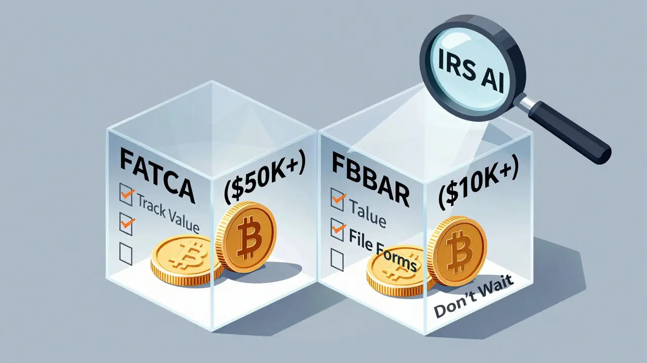 Two overlapping cubes with crypto coins and IRS checklist in geometric illustration