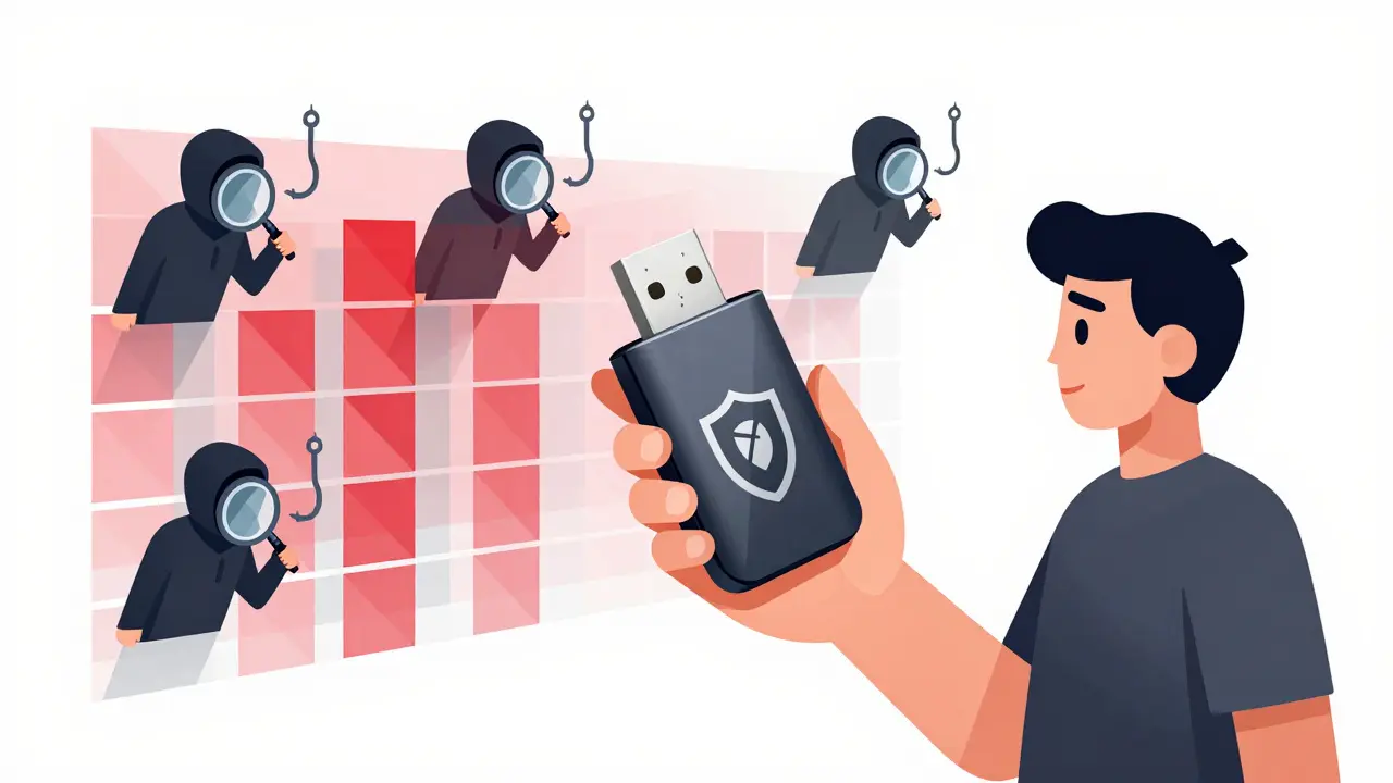 User holding a hardware wallet protected by a geometric firewall while hackers attempt to breach it with phishing tools.