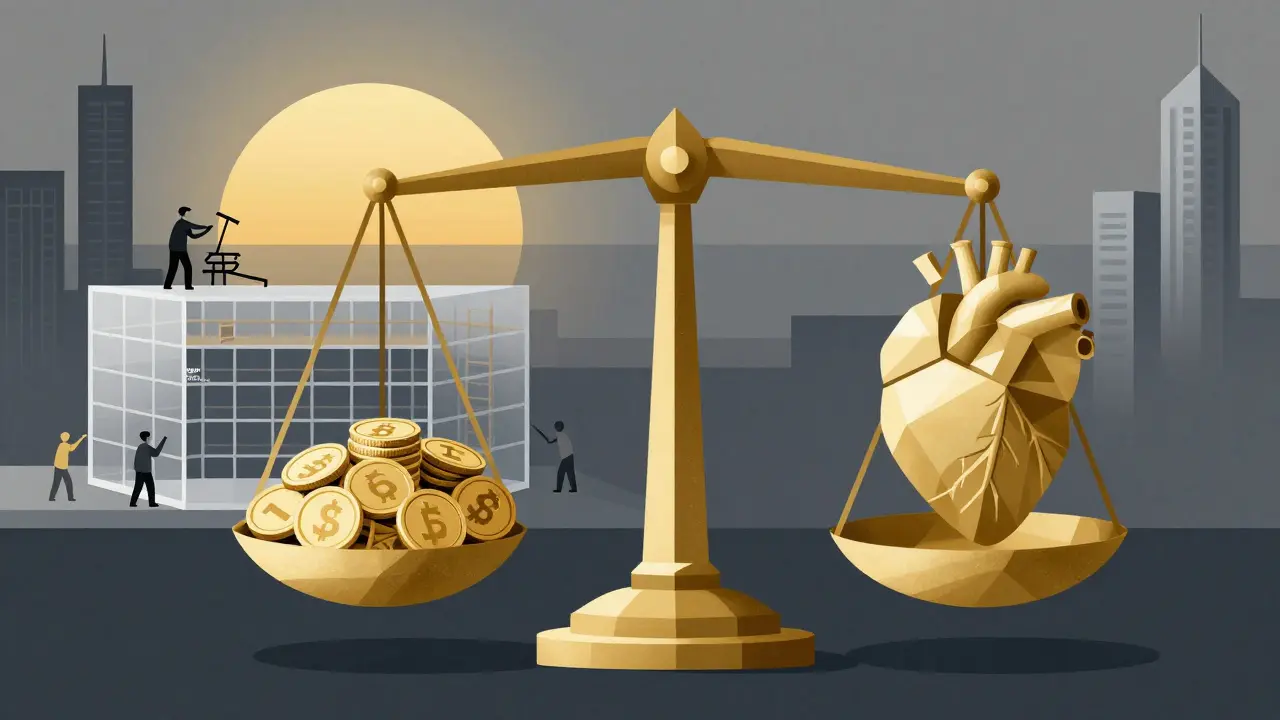 A balance scale weighing crypto assets against a human heart, with a building under construction labeled 'BSP Licensing 2025'.