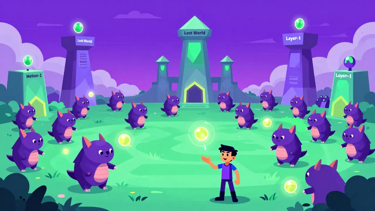 A battlefield of Metamon creatures with glowing Potion NFTs boosting battles, under towers labeled 'Lost World' and 'Layer-1'.