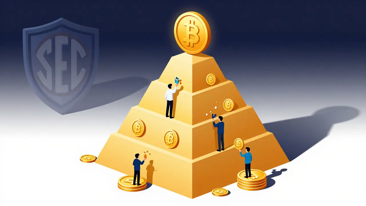 A Binance Coin pyramid with revenue layers and users exchanging coins for discounts under a regulatory shadow.
