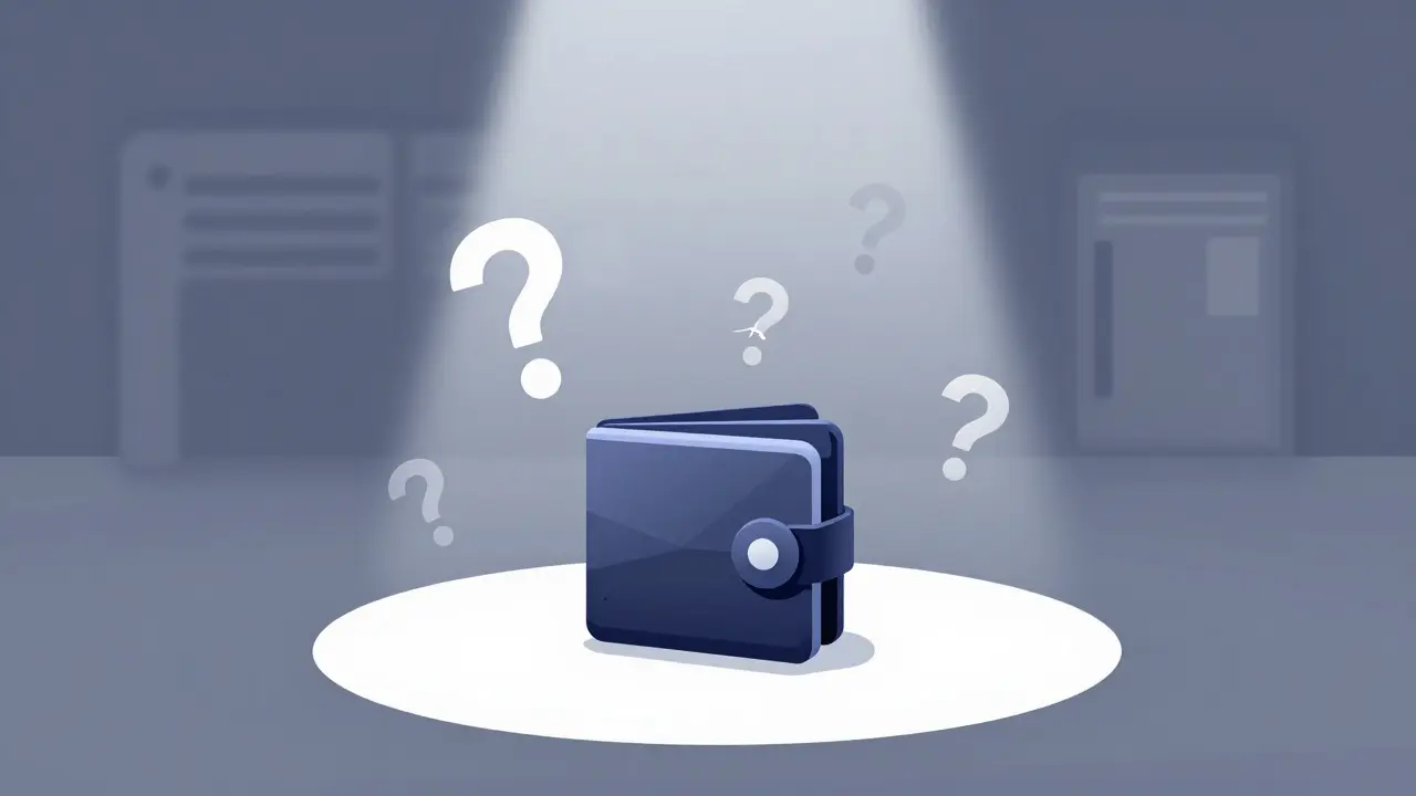 A Cardano wallet isolated among question marks and a faded, doorless launchpad.