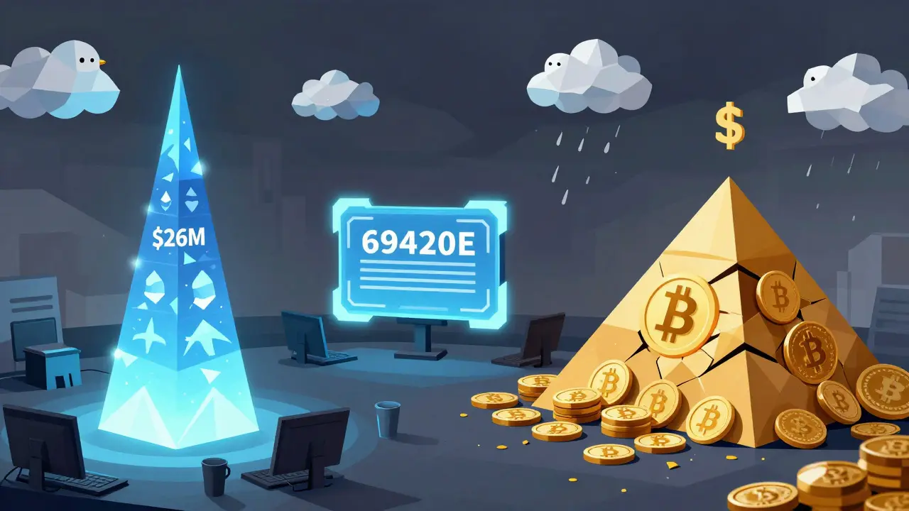 A chaotic crypto trading floor made of polygons with Solana, Ethereum, and Dogelon Mars elements under a meme cloud sky.