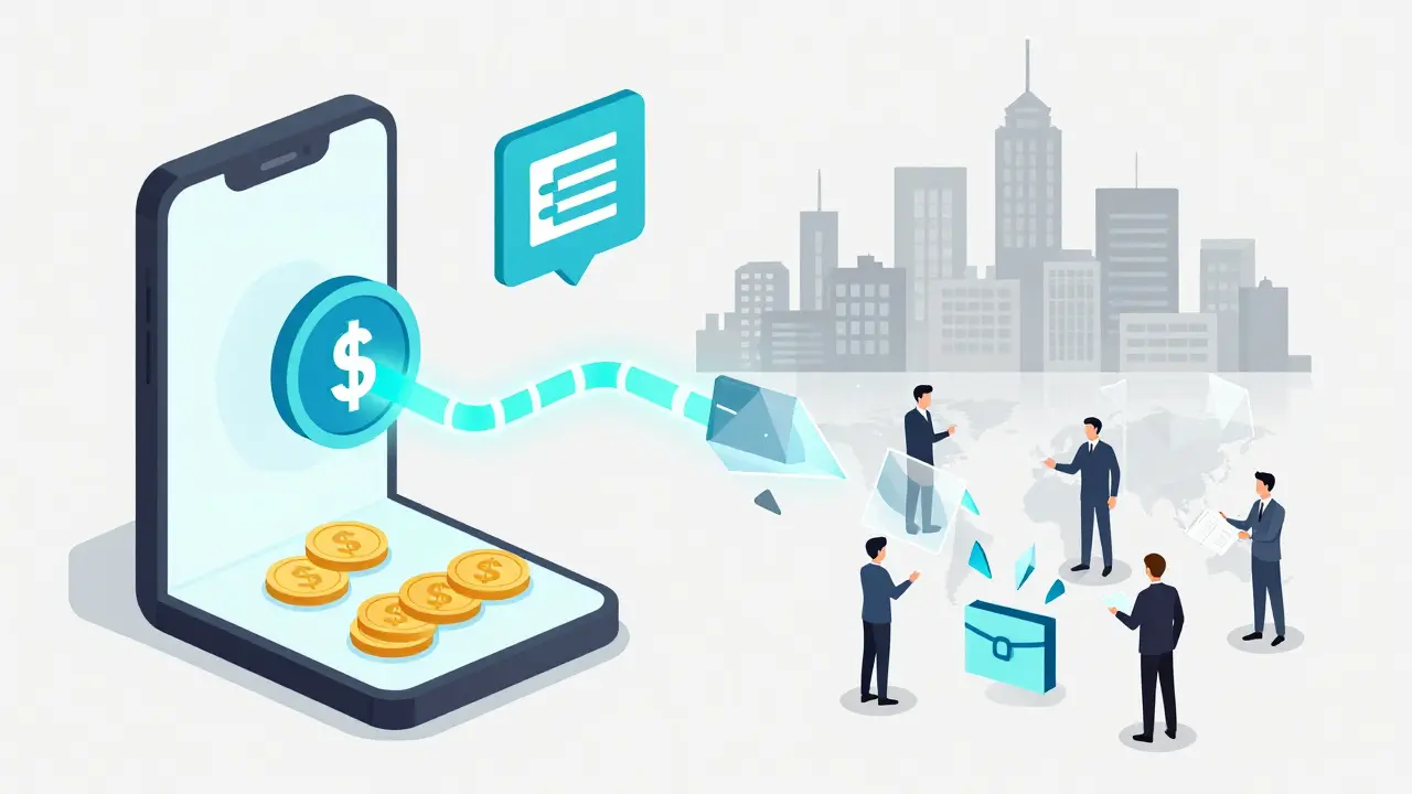 A digital token transforming into a payment stream flowing from a smartphone to a smart contract and property skyline.