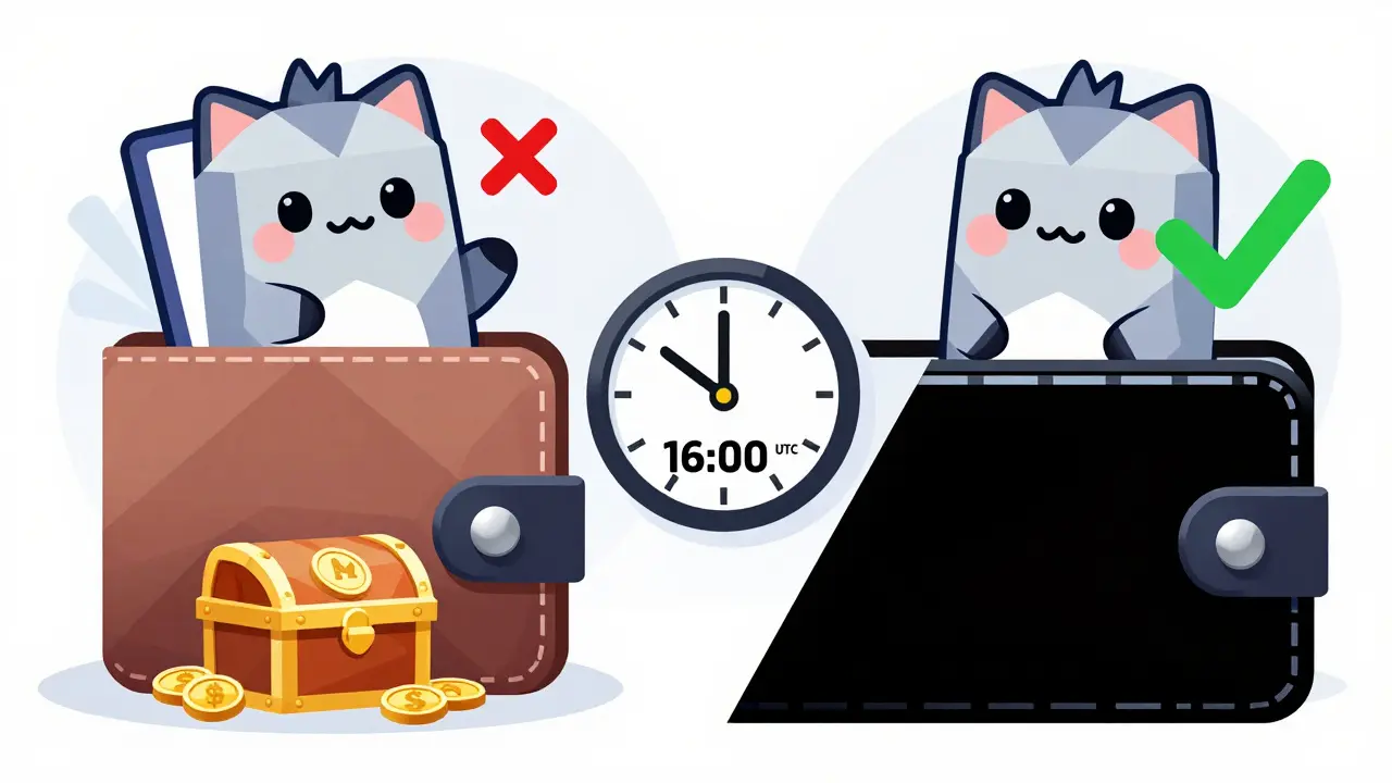 A digital wallet split between a disqualified listed NFT and an eligible held NFT, with reward and void paths visualized geometrically.