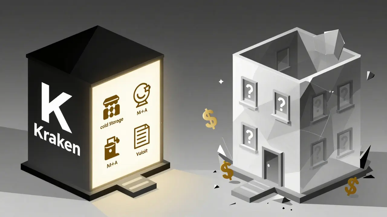 A geometric comparison between a secure crypto exchange and a crumbling fake platform with symbolic icons.