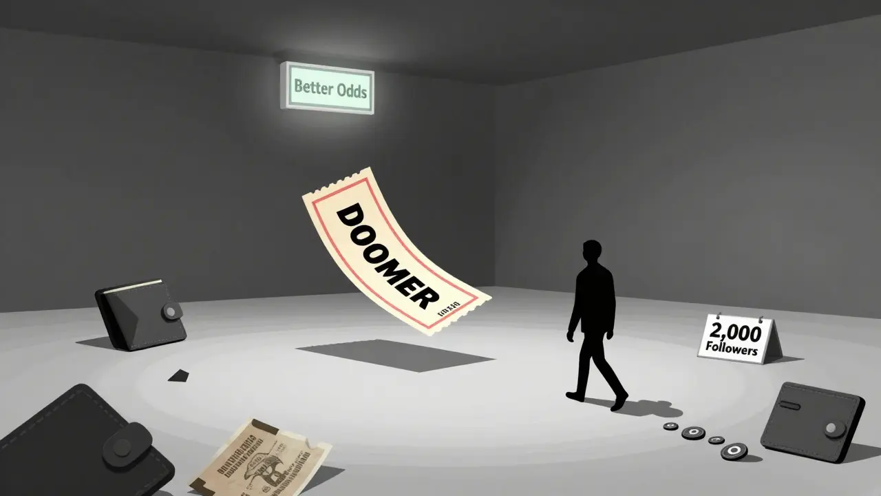 A lone DOOMER lottery ticket floats in an empty room as a shadowy figure walks away toward 'Better Odds'.