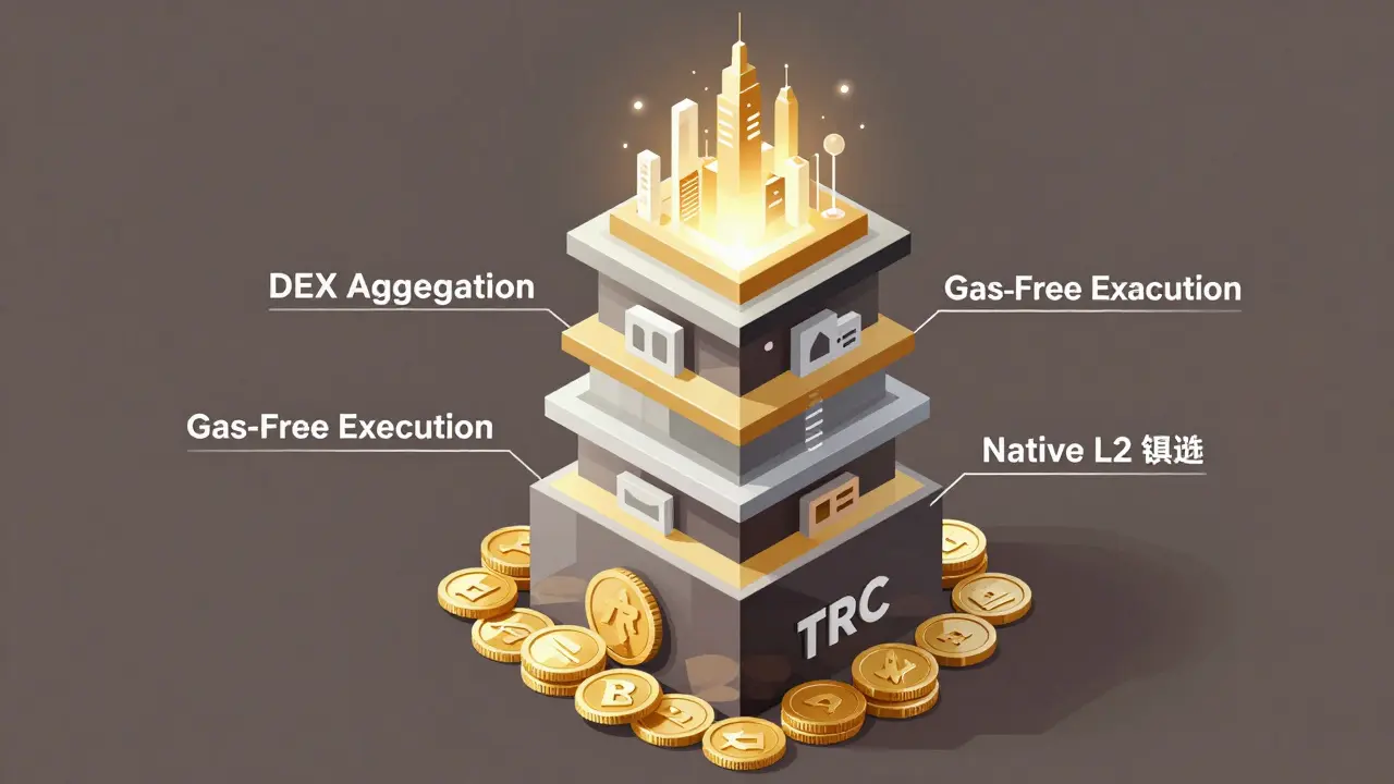 A multi-layered blockchain tower built on TRC coins, rising toward a future native L2 chain with institutional and retail users unified above.