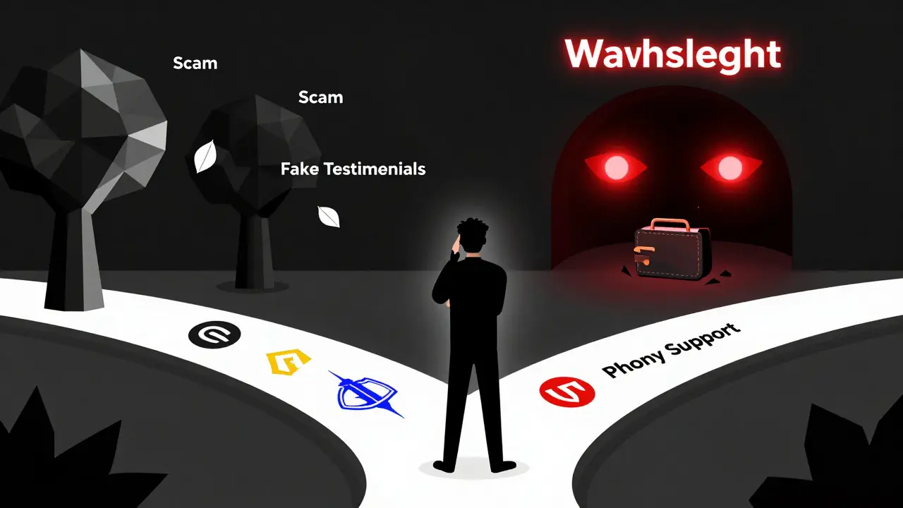 A person at a crossroads choosing between trusted crypto platforms and a dark scam tunnel with glowing red eyes.