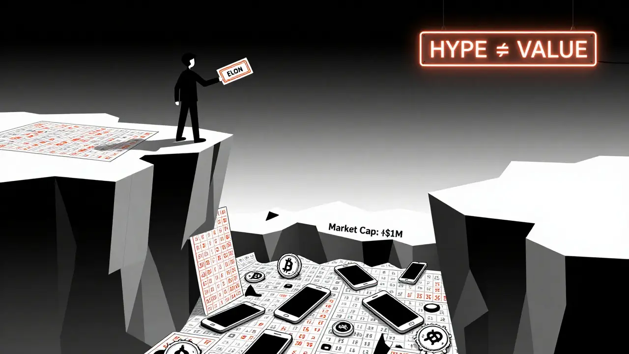 A person holding an ELON lottery ticket at the edge of a cliff made of crypto charts, overlooking a pit labeled '<M market cap'.