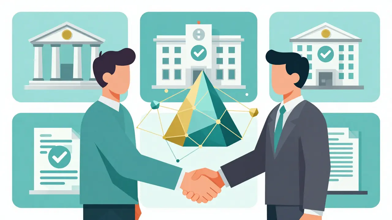 A person shakes hands with a blockchain node as verified credentials are sent to institutions.