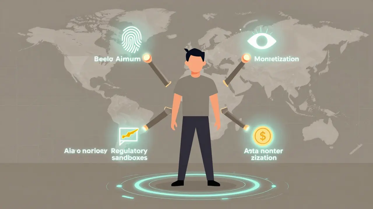 A person stands at the center of four emerging blockchain identity trends: biometrics, AI, regulation, and data monetization.
