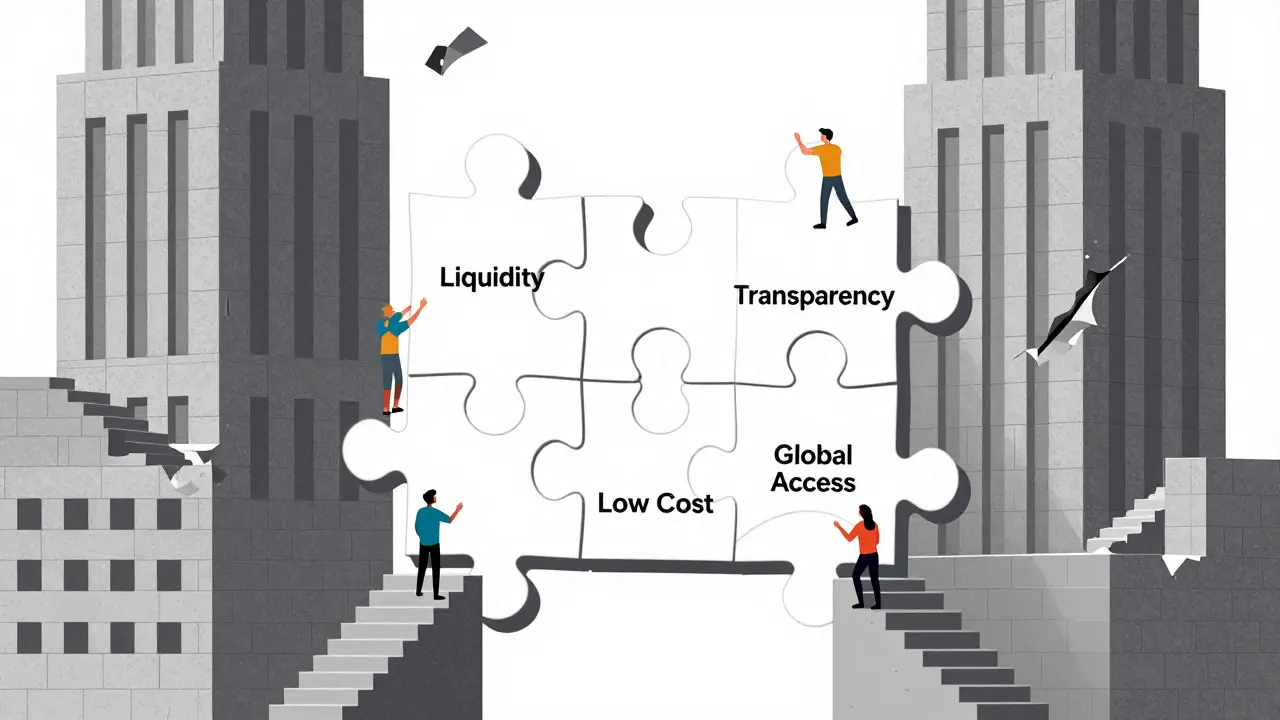 A puzzle of real estate benefits forming a property shape, with people climbing blockchain staircases while traditional real estate crumbles below.
