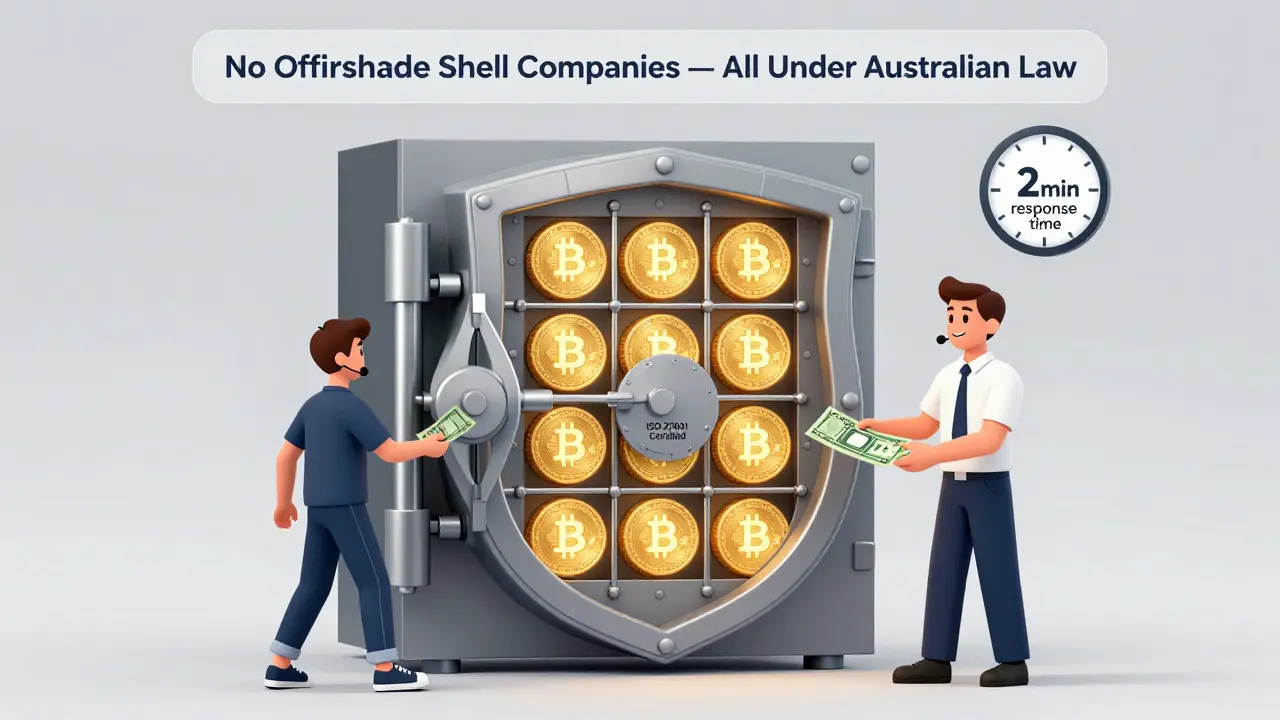 A secure Australian-themed vault holding crypto coins, with a support agent assisting a user.