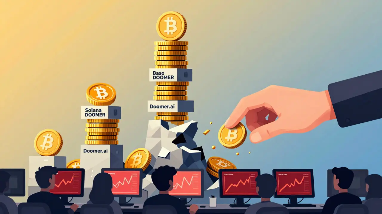 A tower of DOOMER tokens collapsing, with traders staring at red charts and low volume warnings.