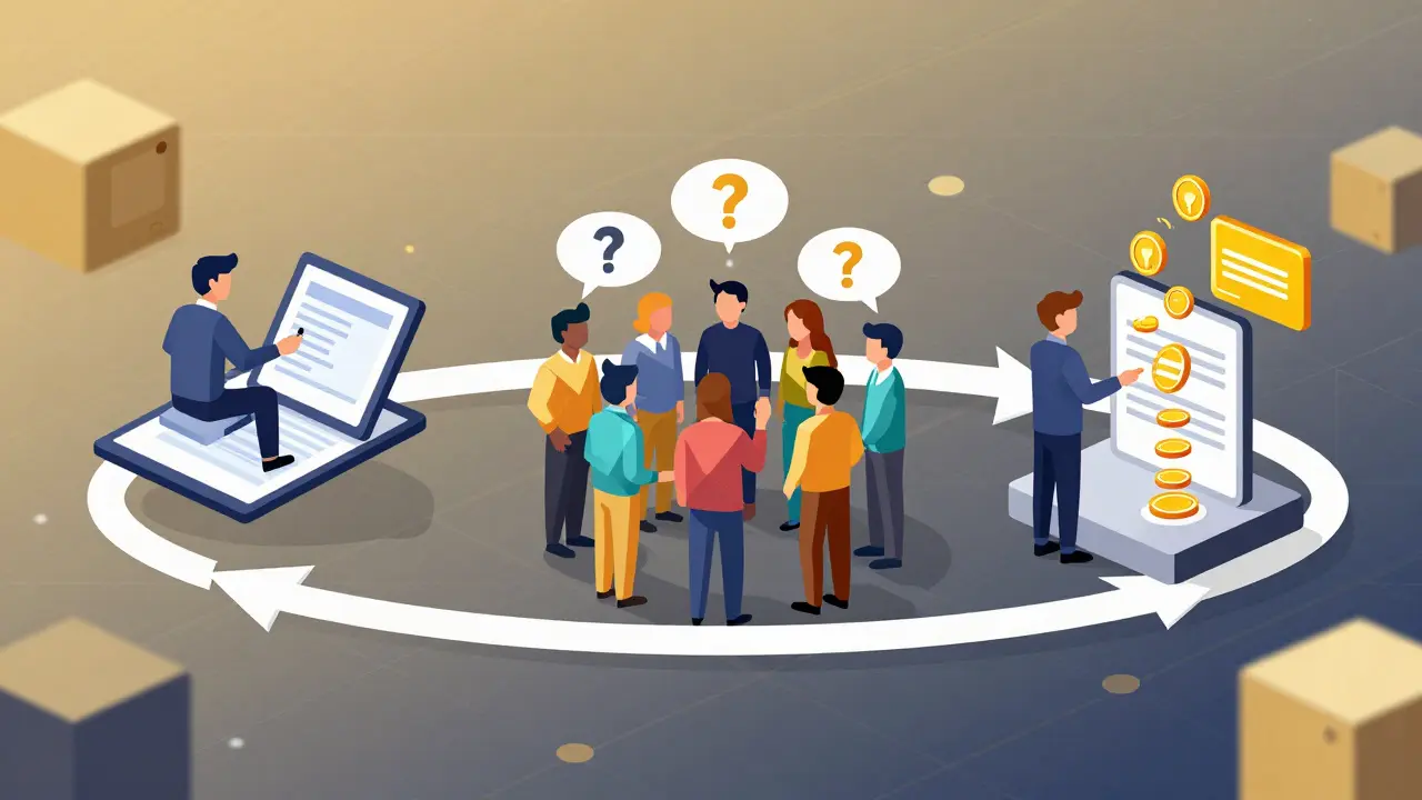 Circular flow of DAO governance: proposal, debate, and automatic execution via smart contract.