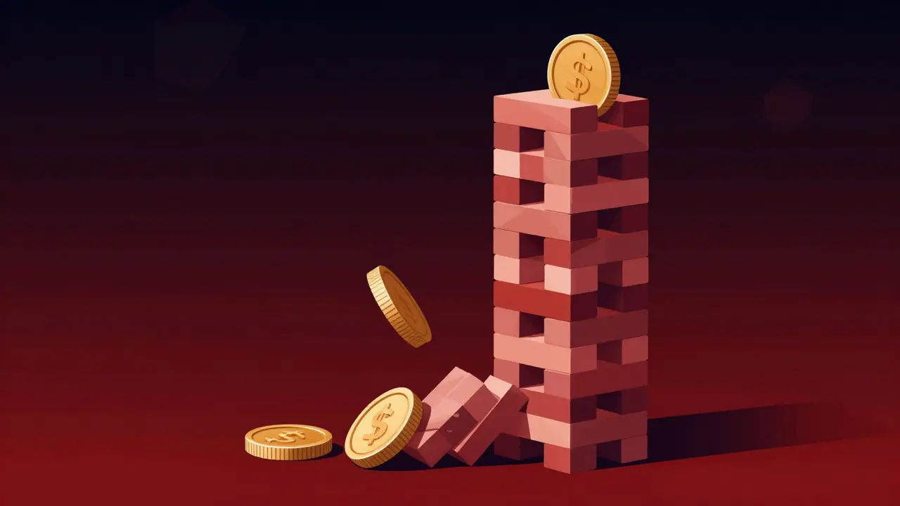 Collapsing geometric Jenga tower of tokens in void