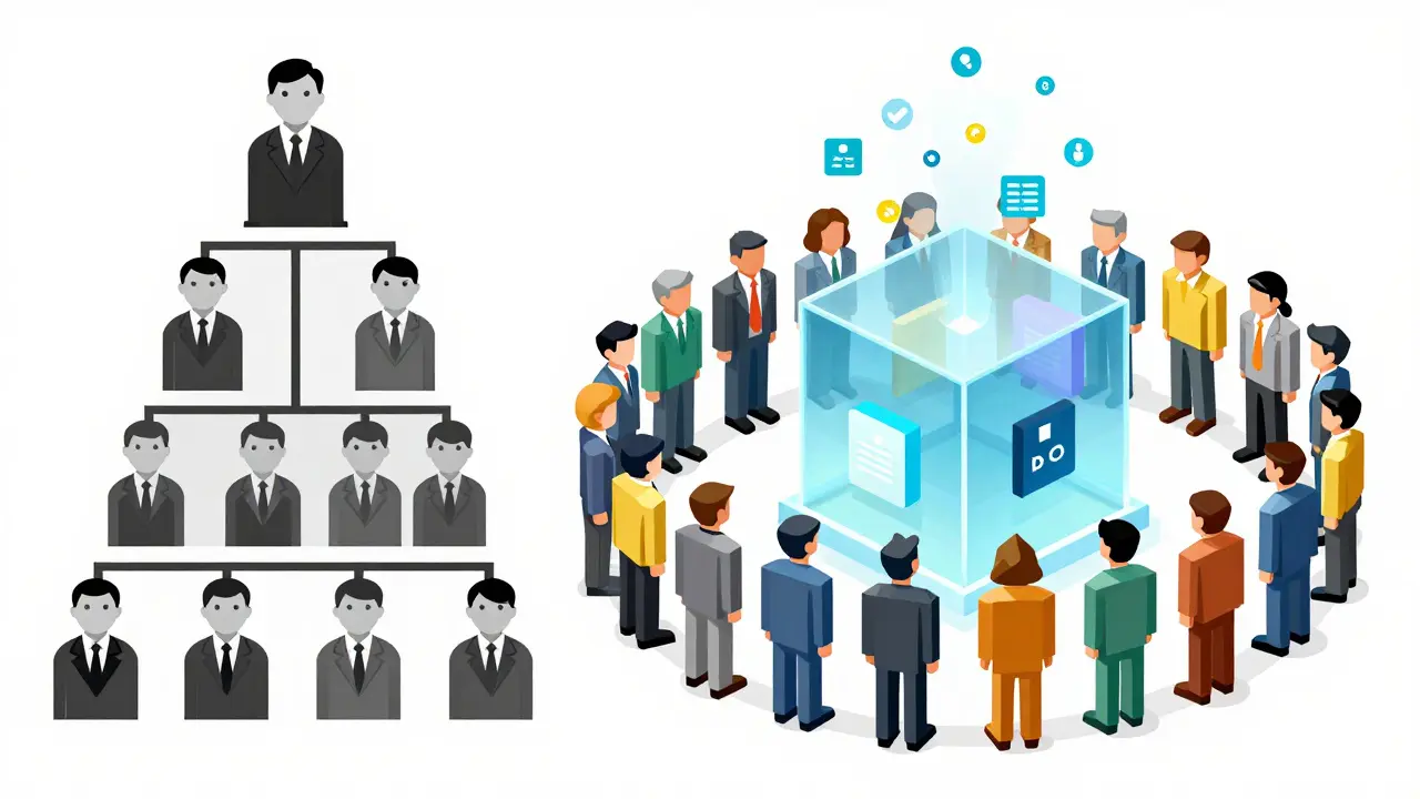 Contrast between traditional corporate hierarchy and a decentralized DAO with equal members voting.