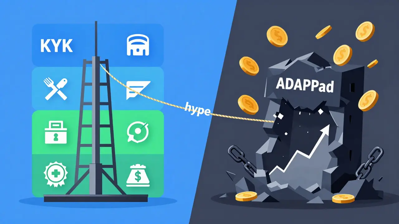 Contrasting clean legitimate launchpad vs. crumbling ADAPad structure with falling coins.