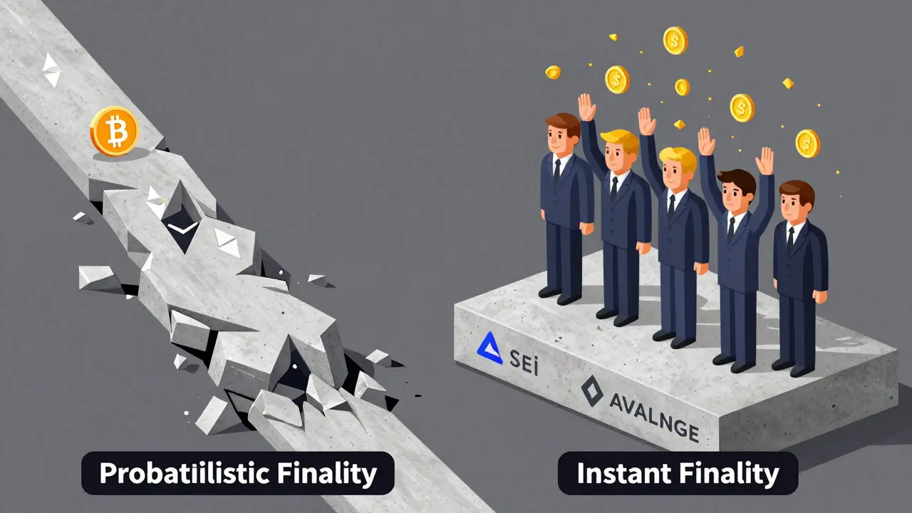 Contrasting slow cement path vs. instant concrete slab with validator jury and staking tokens dissolving.