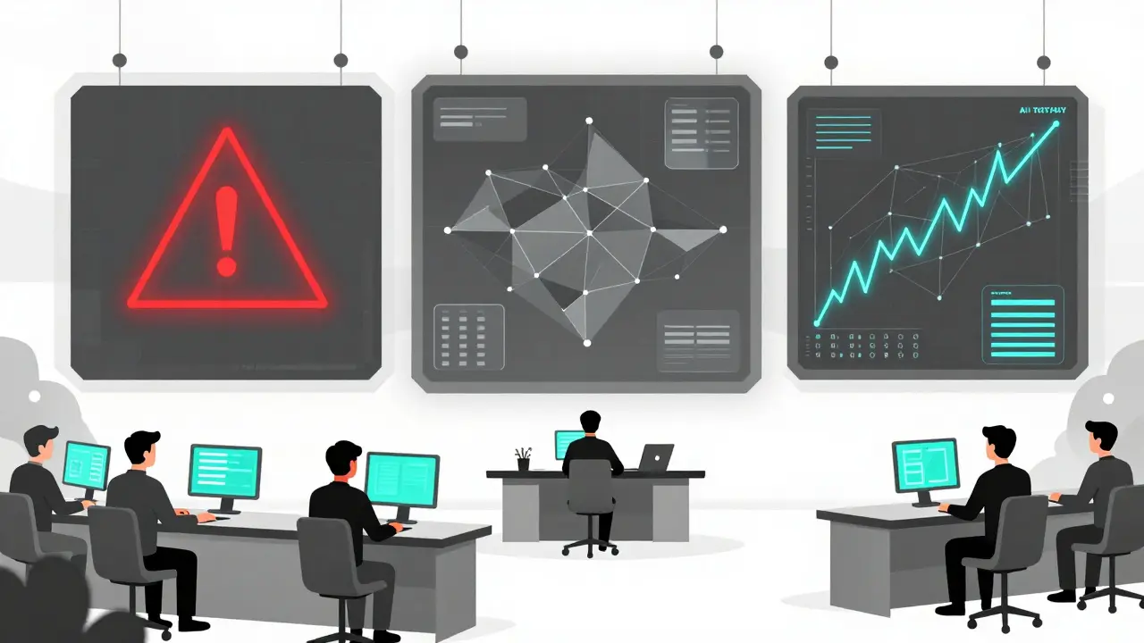 Control room dashboard with geometric diagrams tracking blockchain events and AI-predicted anomalies in a futuristic setting.