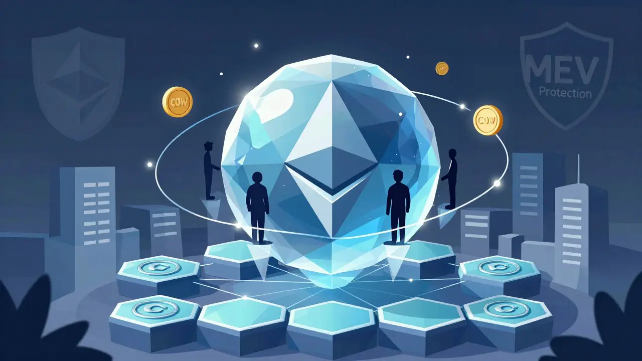 CoW DAO crystal orb with COW tokens orbiting and community members casting voting shadows.