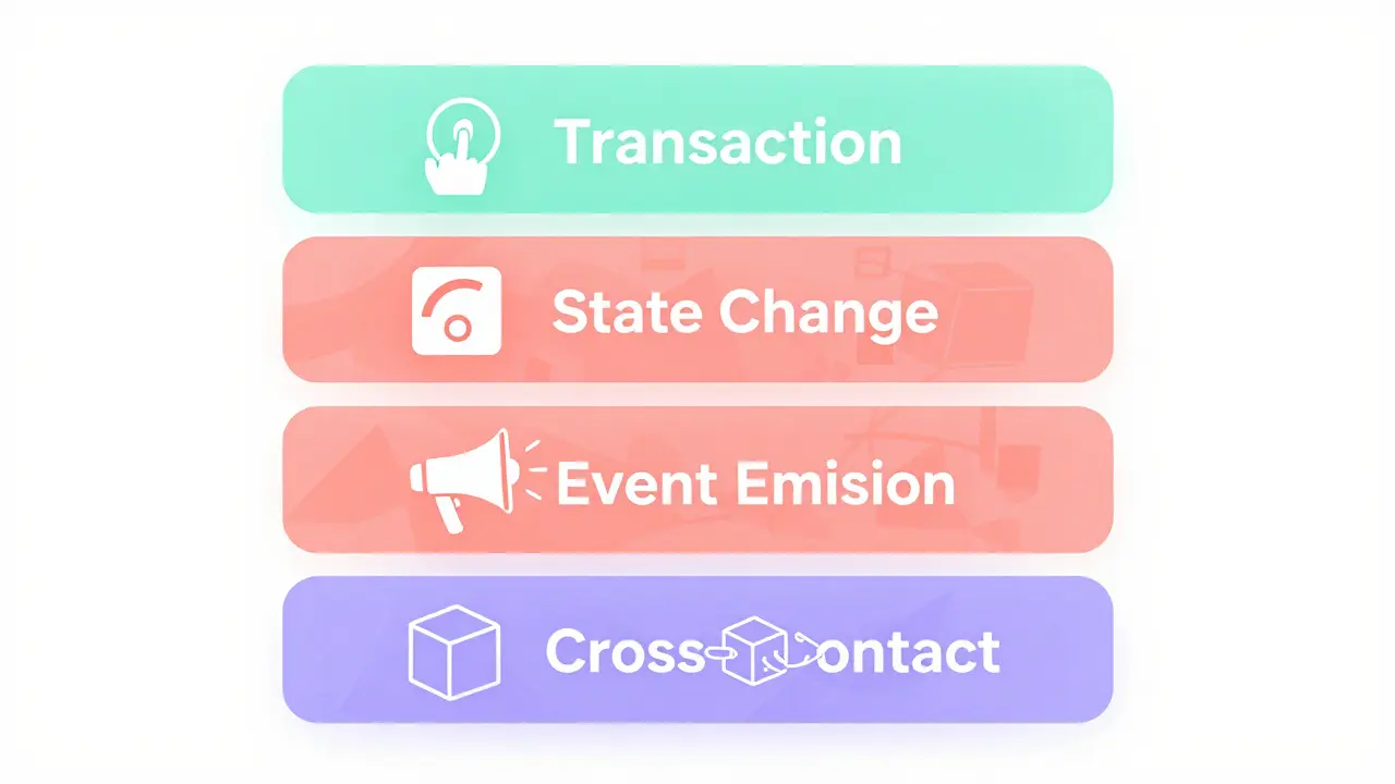 Four transparent layers showing different types of smart contract interactions with clean pastel colors and abstract symbols.