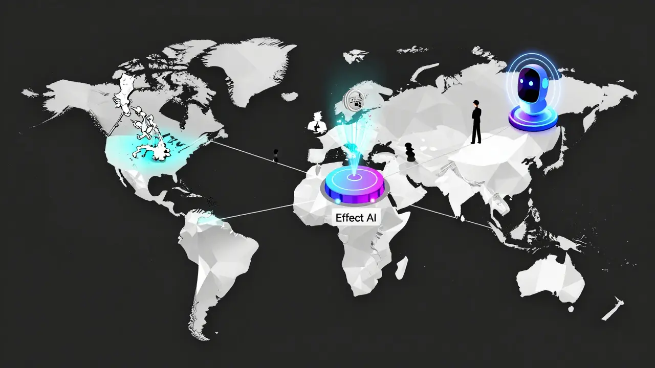 Global workers connect to an AI hub via geometric lines, with EFX tokens dissolving and EFFECT tokens powering the system.